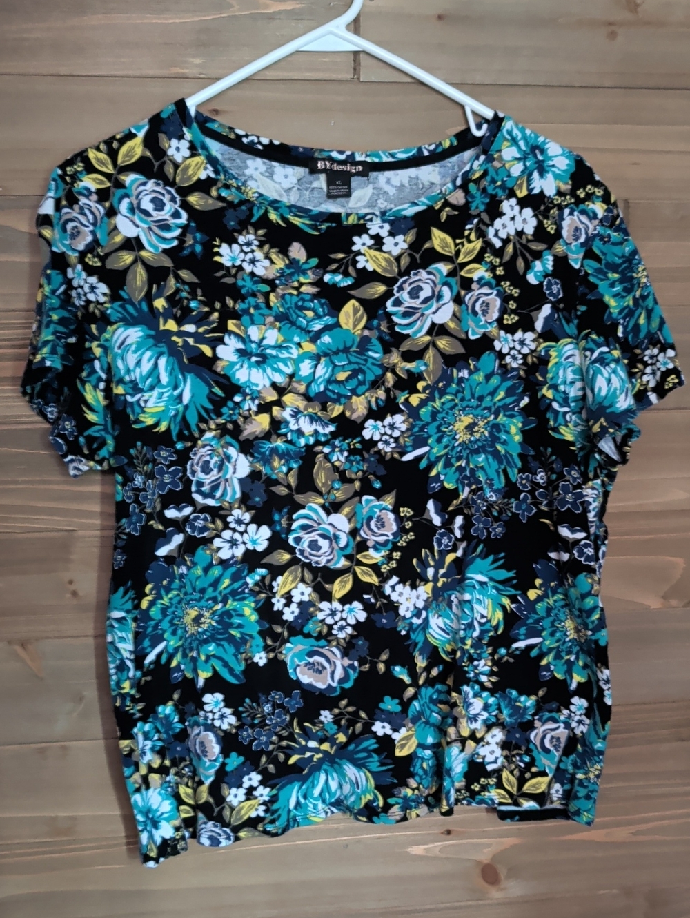 BYdesign Women's Black Floral Short-Sleeve Top - Teal & Gold Print  XL